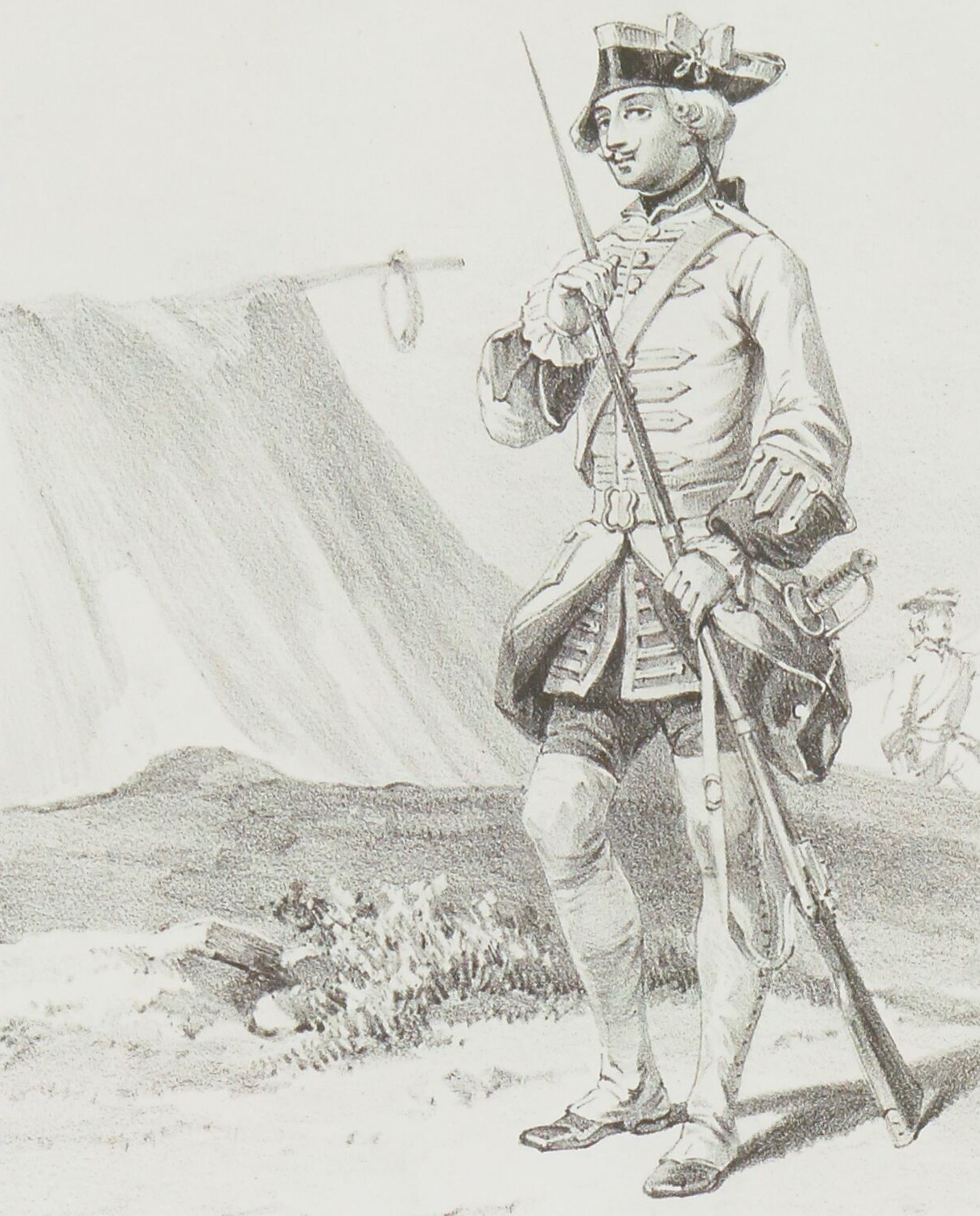 An 18th century French soldier stands facing the viewer, attaching a bayonet to his musket.
In the background a tent is seen in profile.