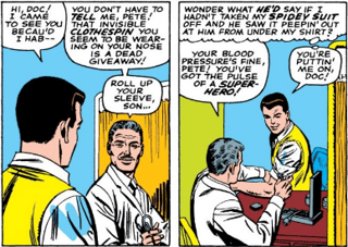 Peter Parker, drawn by John Romita, from *Amazing Spider-Man* (1963) #39: Peter getting checked out at the Doctor with his sleeve rolled up revealing a muscly arm