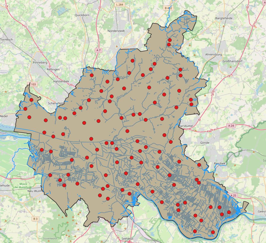 result after running first part of model, background map: OpenStreetMap contributors