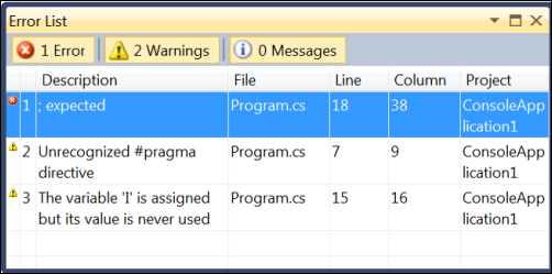 Visual Studio Error List