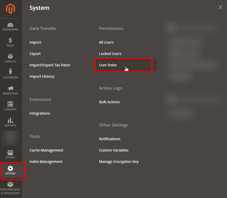 Way to get to role permissions : System > Permissions > User Roles, select the role > tab Role Ressources 