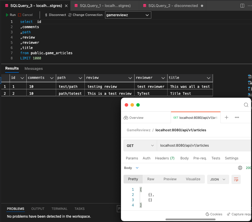 Postman GET Request and Database Data.