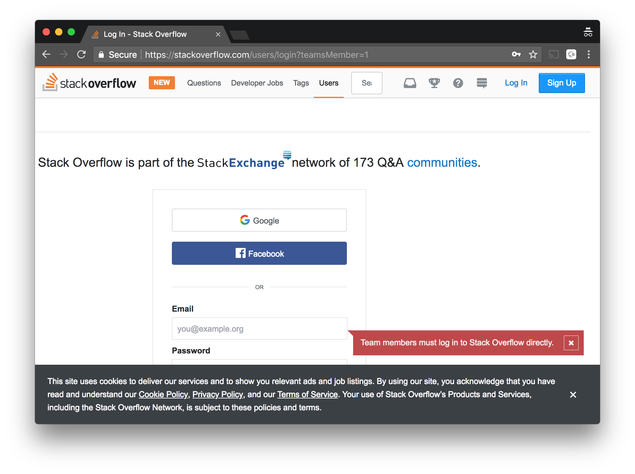"Team members must log in to Stack Exchange directly."