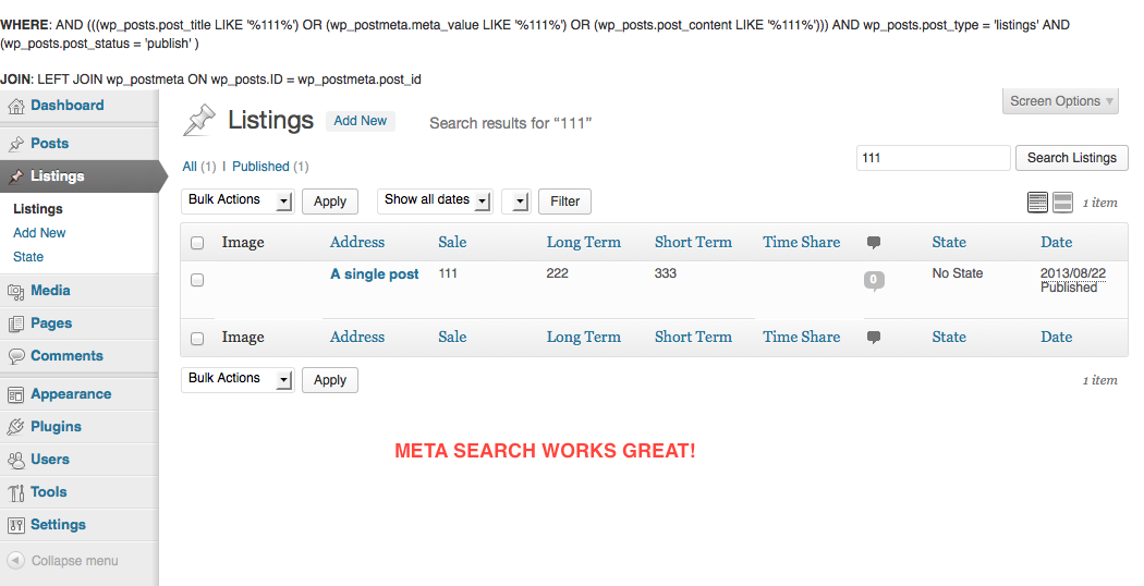 This is the code working as expected and allowing me to search meta data from admin