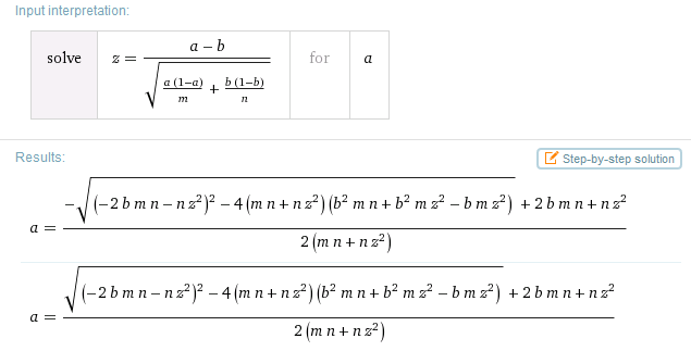 Rearranged formula for binomial difference of proportions test