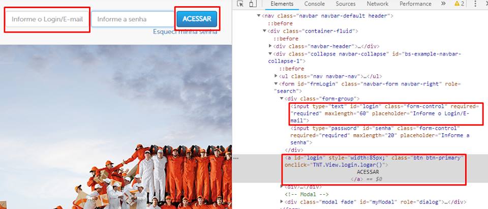 Imagem do site onde mostra que a caixa de texto para informar o login e o botão acessar possuem o mesmo id