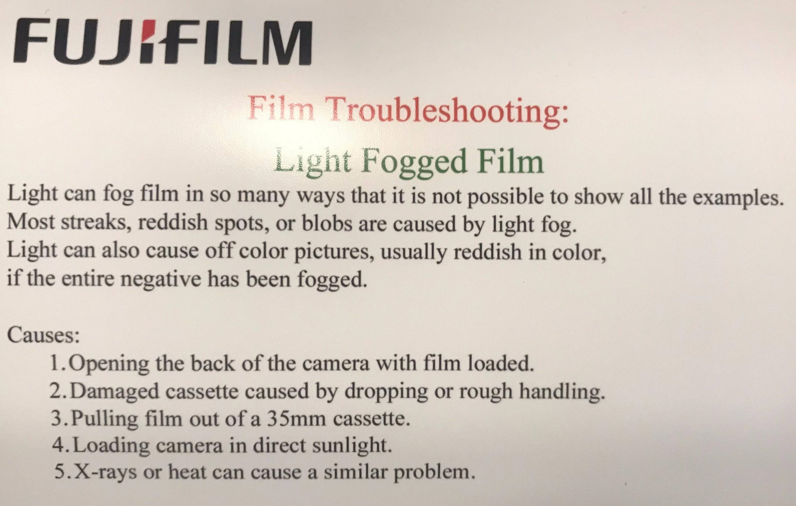 note from Fuji about fogged film