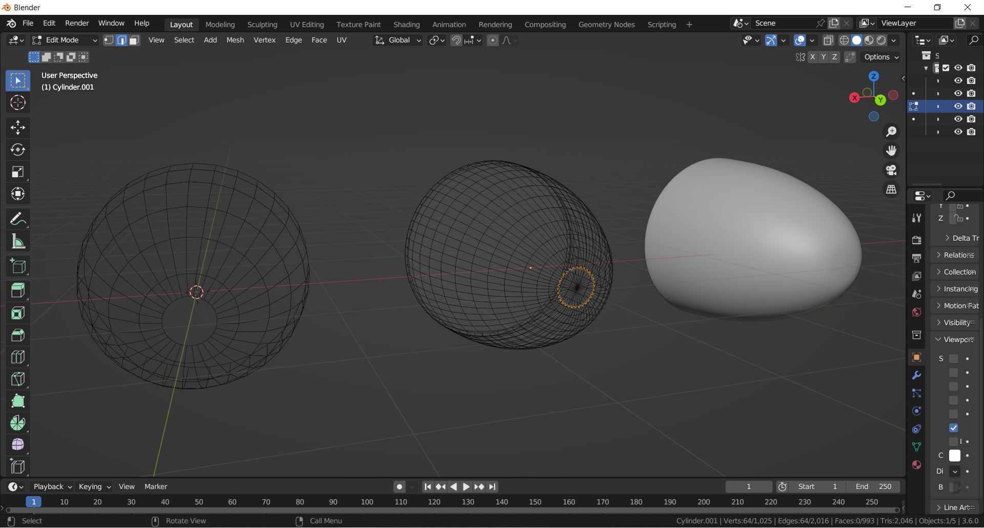 Unmodified geometry, Subdivision Surface Modifier applied, and Shade Smooth enabled (from left to right)