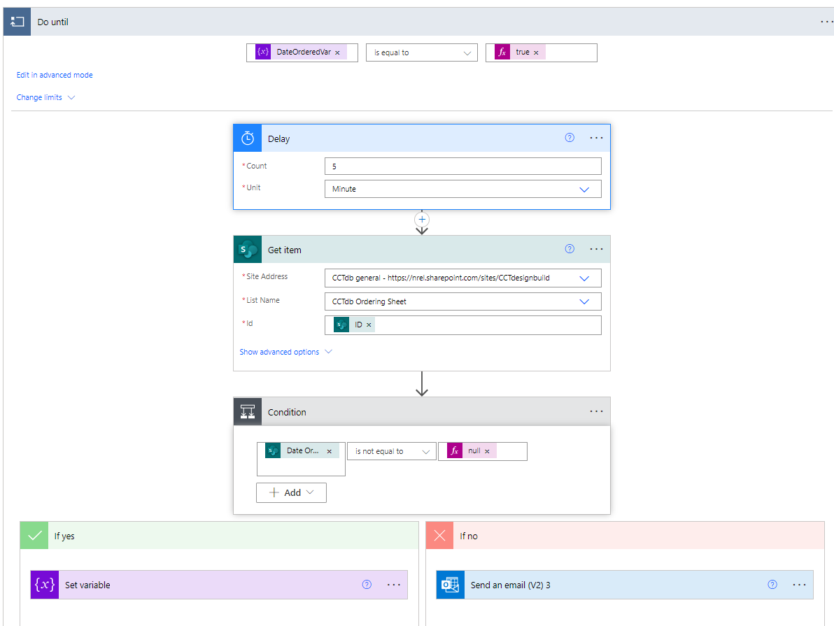 Do until loop that runs until variable is true, delays for a set time, gets item id from trigger, then checks if date is null. if null sends email. if not null sets variable to true 