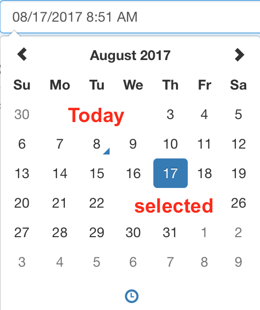 Date picker with Today and selected date annotated