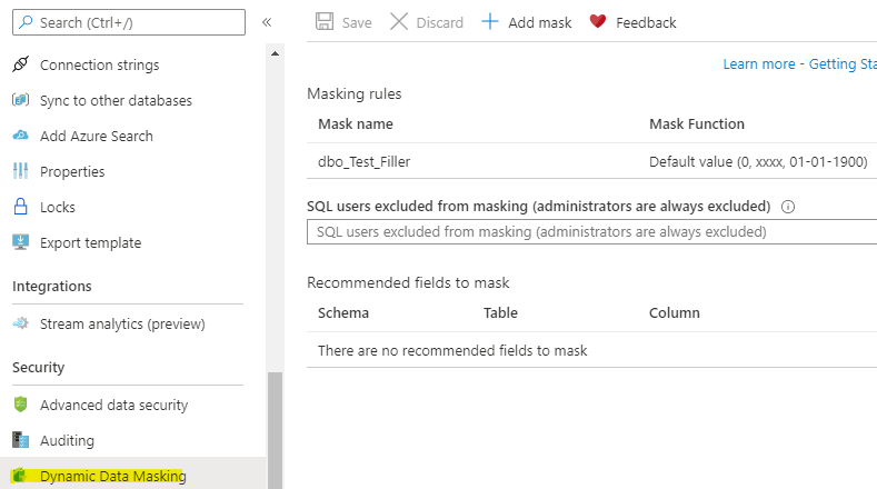 Screenshot of dynamic data masking rule set up in the Azure Portal