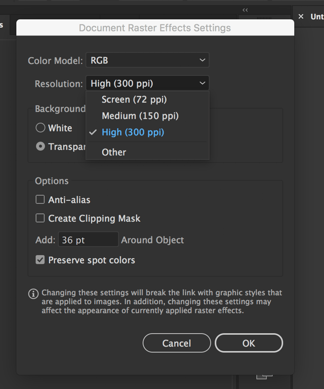 Document Raster Effect Settings panel