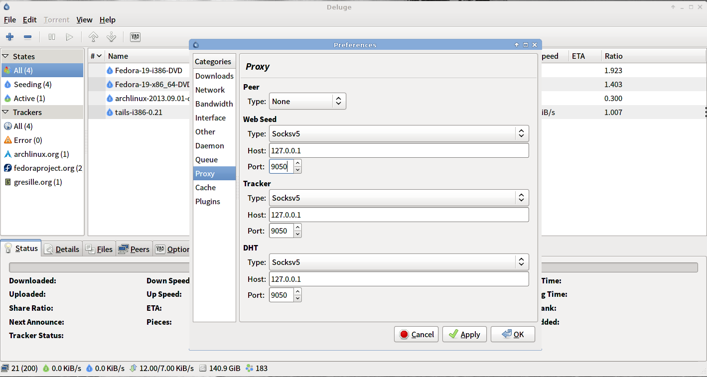 Deluge configured for Tor use