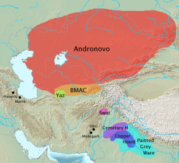 Broad map showing Indo-European Andronovo, BMAC, Cemetary H, and Painted Grey Ware cultural complexes.