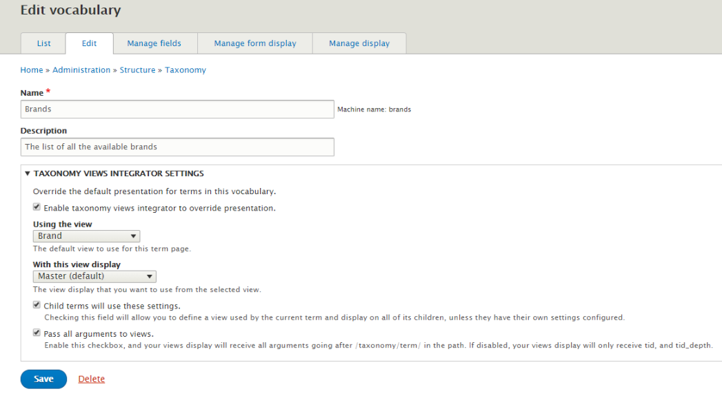 Taxonomy Views Integrator settings per Vocabulary