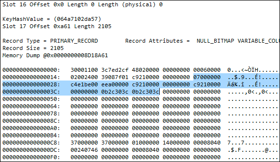 Partial results of DBCC Page