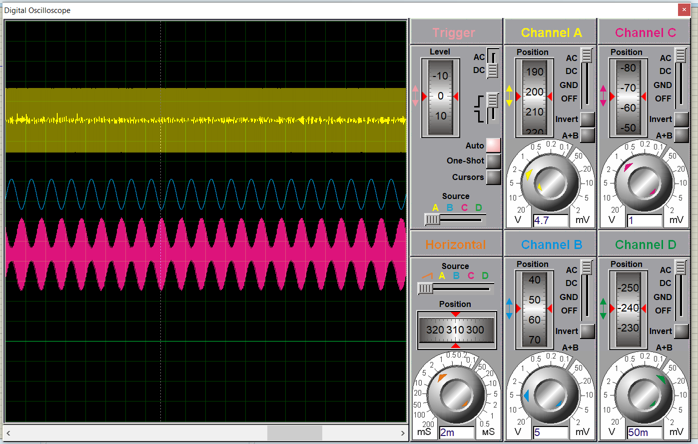 the modulation output
the first one from the top is the carrier. the second one is the message. the third one is the modulation output