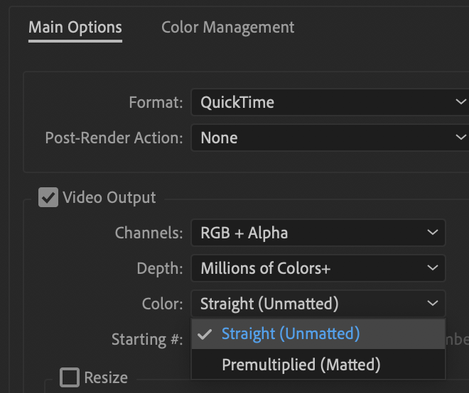 Video Output Color set to Straight (Unmatted)