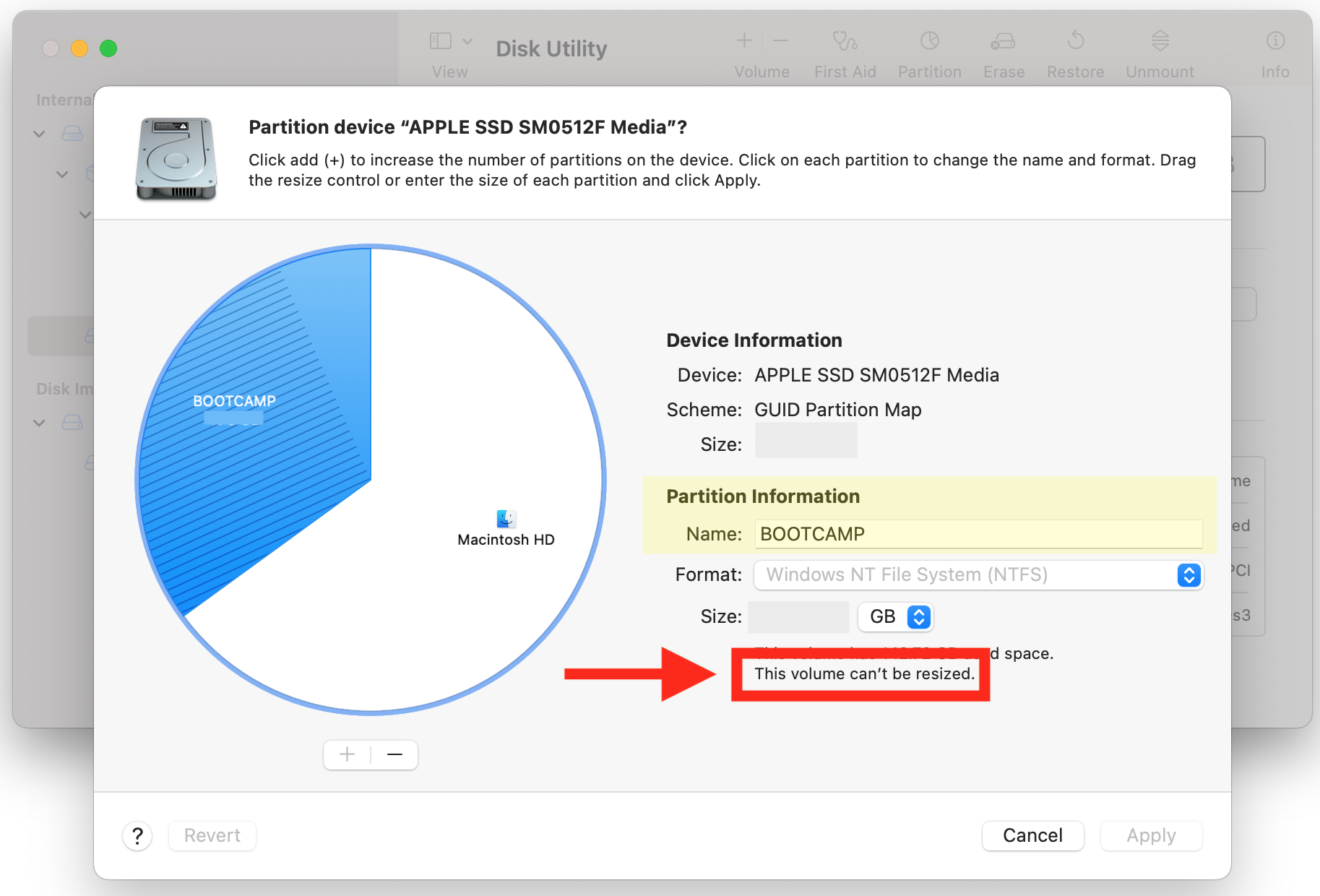 Screenshot of the Disk Utility app displaying partition information, along with highlighted text indicating that the volume cannot be resized