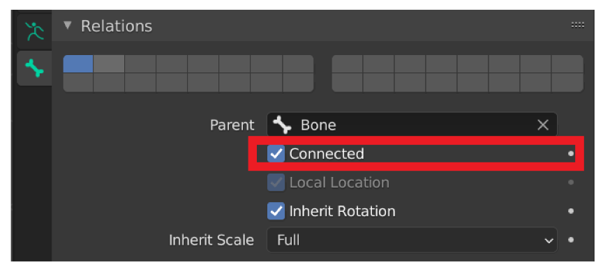 Bone properties showing Connected state