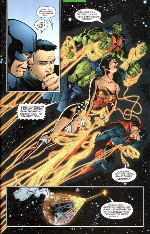 The JLA move planet Earth using Diana's lasso.