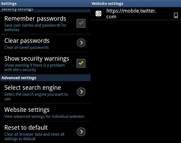 Android Website Settings