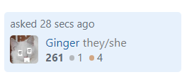 A screenshot of Ginger's user card, with "they/she" in gray text after the username