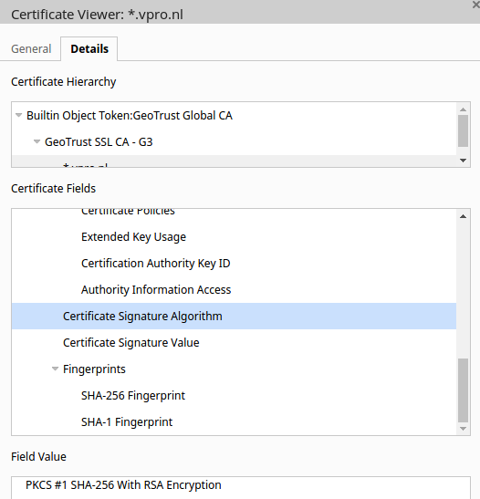 chrome certificate view of *.vpro.nl