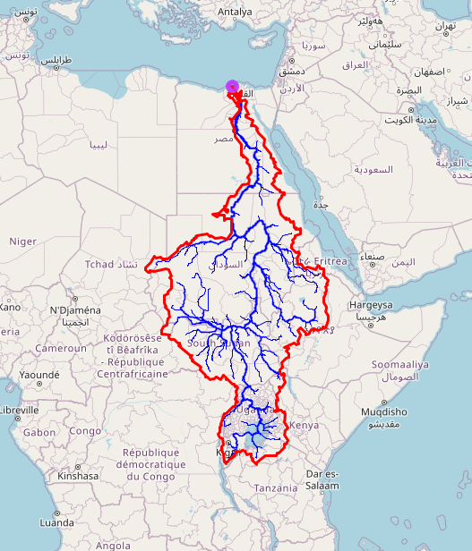 Nile River watershed delineated with the Global Watersheds web app, https://mghydro.com/watersheds