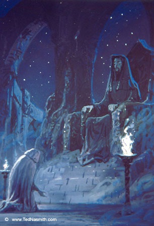 Mandos sits on a throne carved from the rock, raised almost Lúthien's height above the floor where she kneels, cowled, arm gesturing.  It is dark, and the stars are visible through arches in the wall behind Mandos; two braziers, left and right, shed a little light.  Mandos is seated, impassive; he is robed, cowled, and has a dark goatee.  Mandos is at least twice as tall as Lúthien