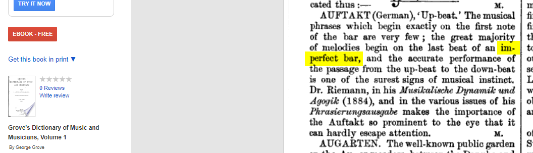 Grove’s Dictionary entry for "Auftakt", showing the "imperfect bar" used to describe an incomplete measure.