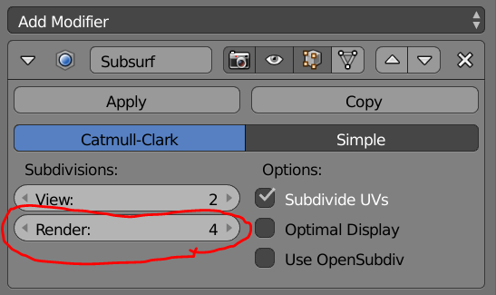 subd modifier with 2 viewport levels and 4 render level