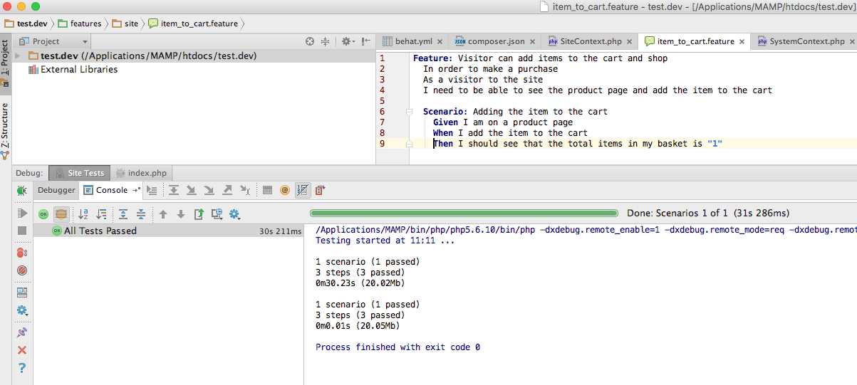 My Behat test worked well with PHPStorm Behat plugin