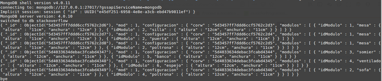 Se muestran todos los documentos de la colección con <code>{'mod':1}</code>