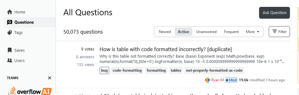 "Questions" link, "All Questions"