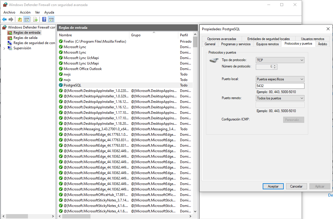 Intenté agregar regla en firewall de Windows