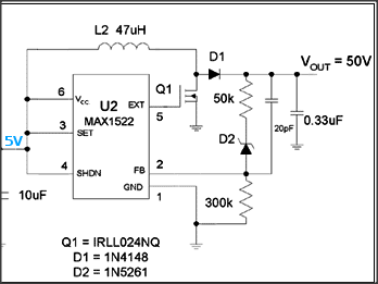 5 V to 50 V converter with external FET