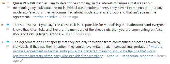 Comments discussing the semantics of the company's agreement forbidding comments (to media) mentioning "any individual moderator's actions" vs "actions of moderators as a group"