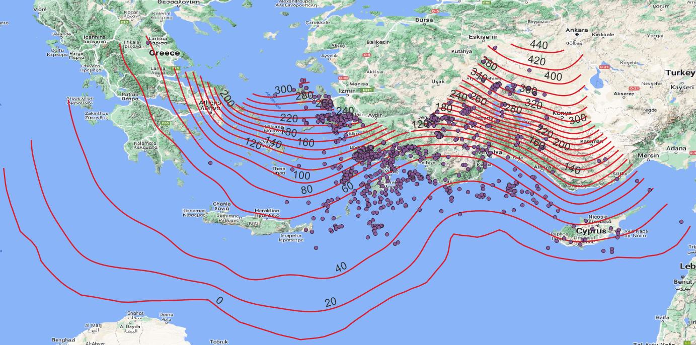 Red contour lines are indicating depths and purple points are earthquake locations