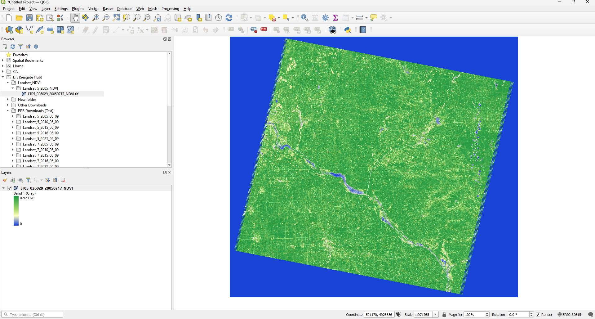 Calculated NDVI using code