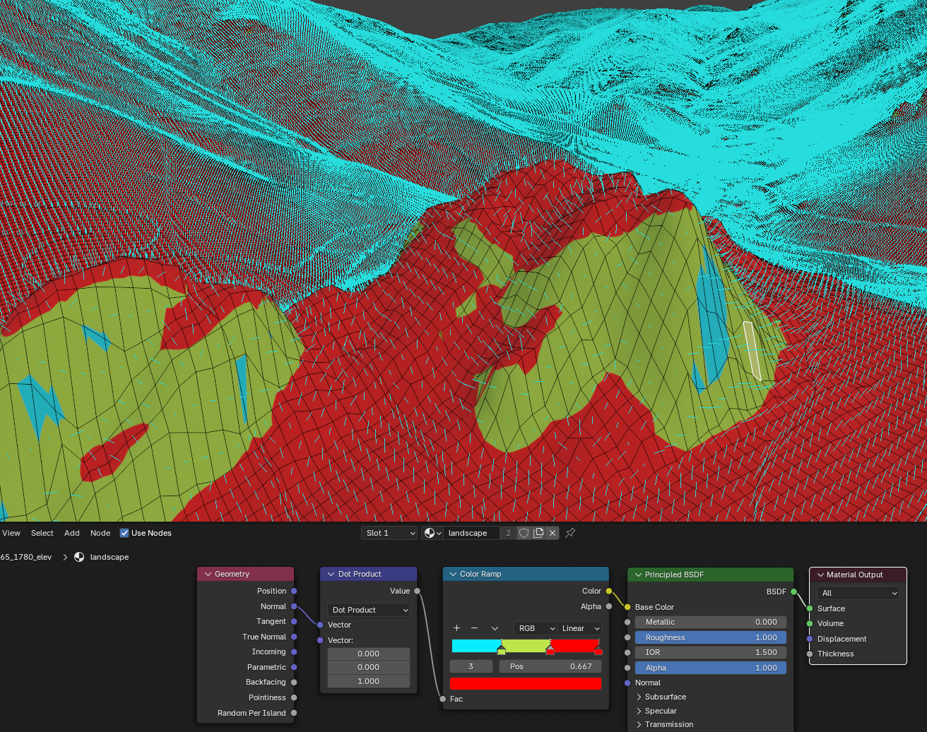 landscape with normals displayed and false colors, along with screenshot of the shader node graph for the material