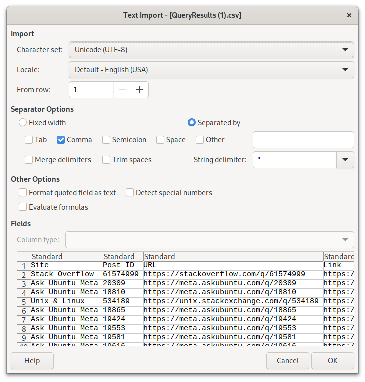 LibreOffice Calc import window