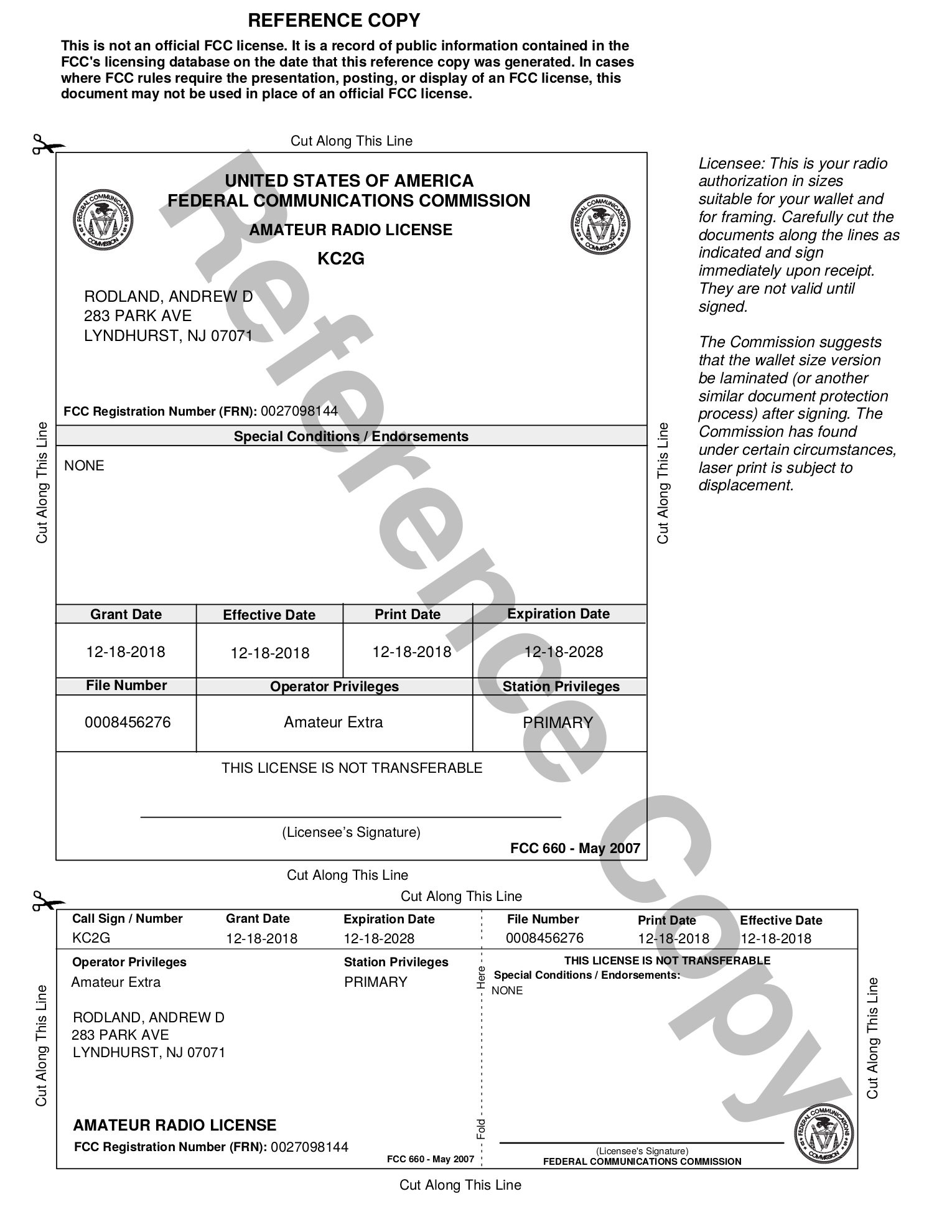 FCC Amateur License Reference Copy