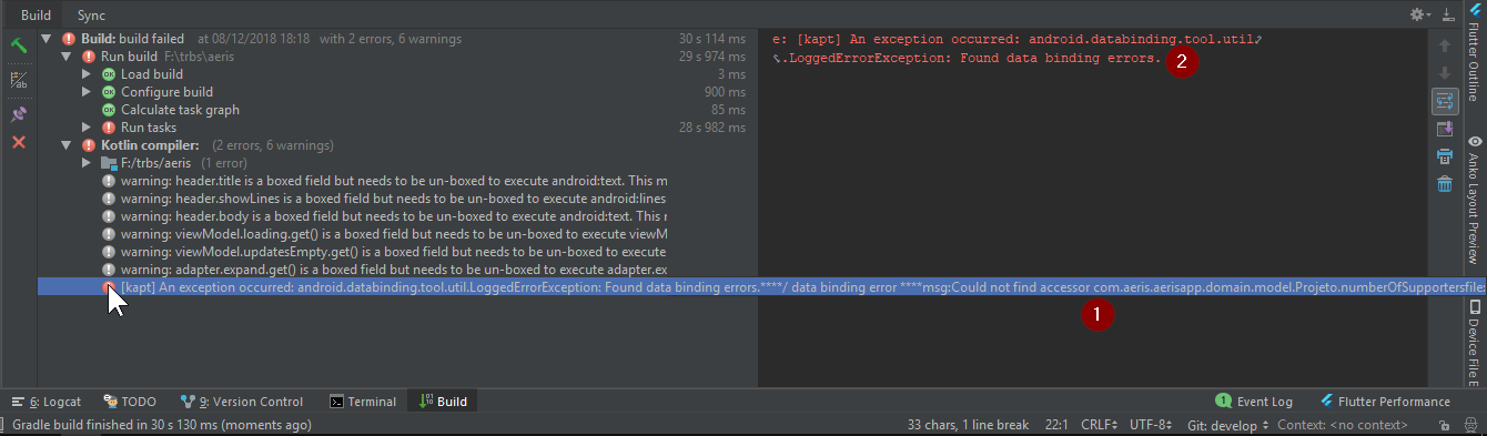 Print de erro do debuger do Android Studio