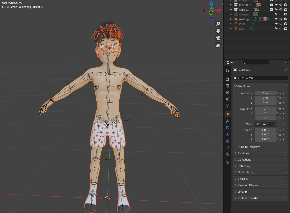 my character on the material preview. Only the base mesh(body) is parented to the armature. eyes, eyelids, ears, hair, nails and clothes are disconnected. I want them connected to the armature without having to join meshes