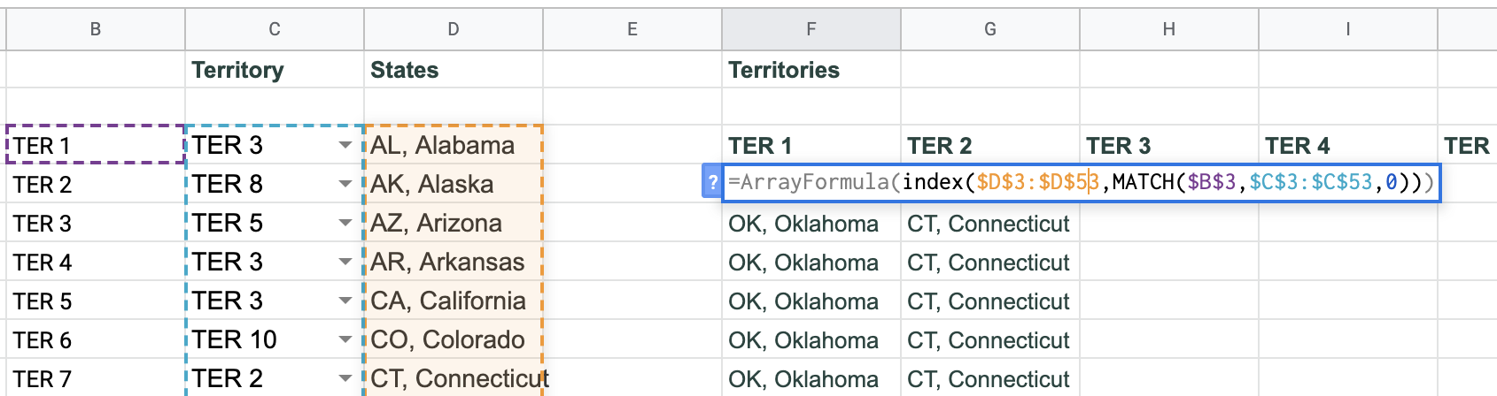 table using my current index match arrayformula that doesn't work when dragging it down.