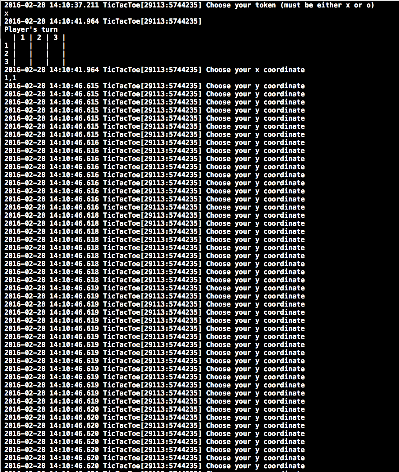 Console output showing the same "Choose your y coordinate" prompt repeated