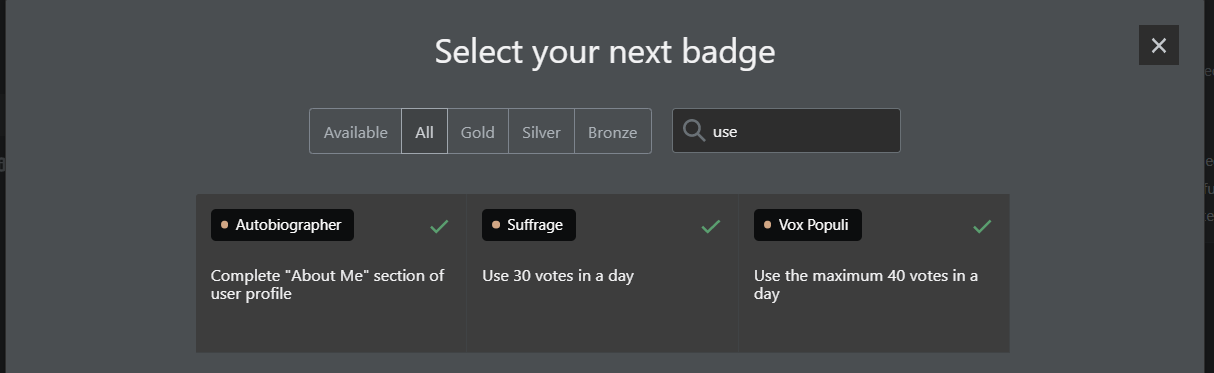 'Select your next badge' modal with three visible badges, but they have a smaller width and they are centered