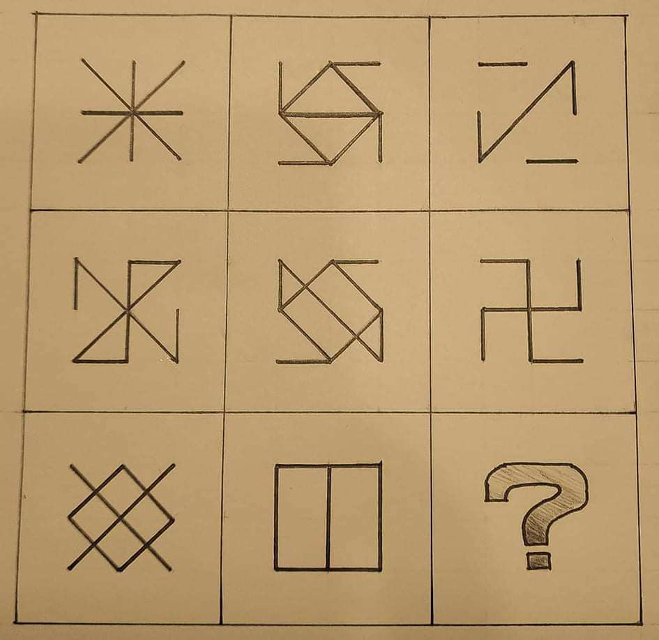 a 3x3 grid in which the bottom right cell contains a question mark, while the 8 other cells contain various shapes made up of line segments