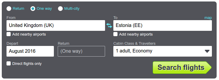 SkyScanner search from the UK to Estonia